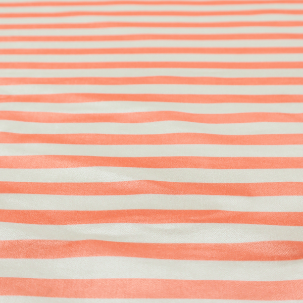 Horizontal coral and white striped fabric pattern.