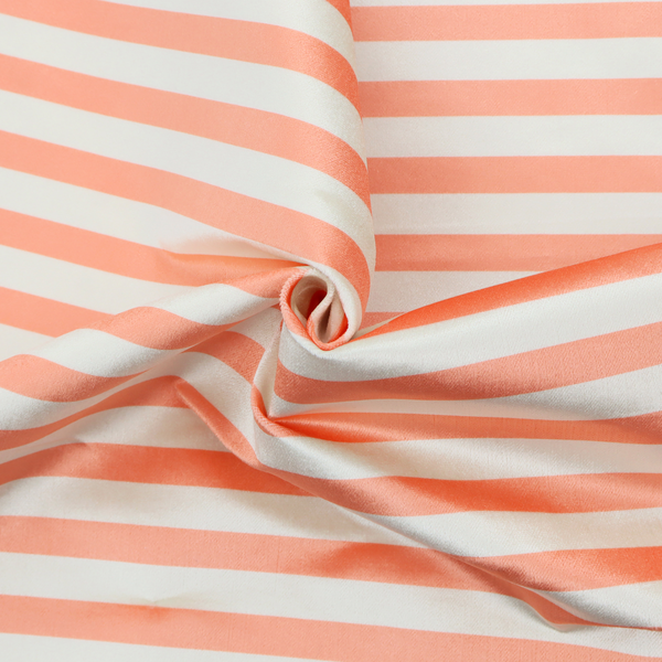 Horizontal coral and white striped fabric pattern.