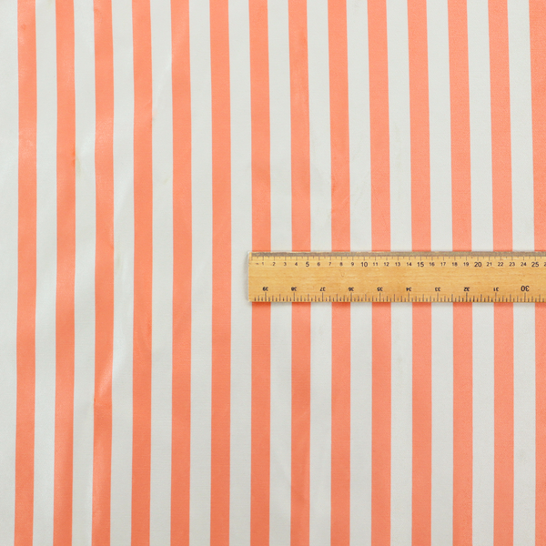 Horizontal coral and white striped fabric pattern.