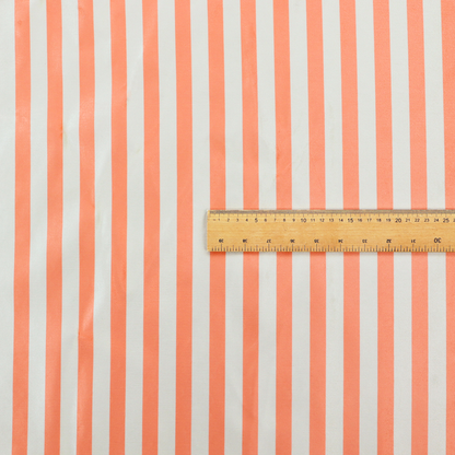 Horizontal coral and white striped fabric pattern.