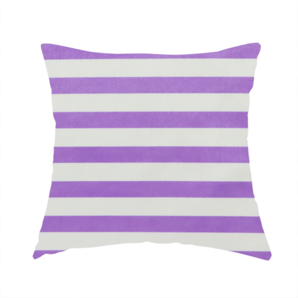 The fabric used to create this handmade cushion is a horizontal purple and white striped fabric pattern.