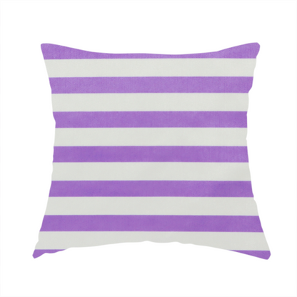 The fabric used to create this handmade cushion is a horizontal purple and white striped fabric pattern.