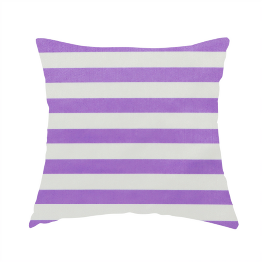 The fabric used to create this handmade cushion is a horizontal purple and white striped fabric pattern.