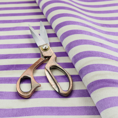 Horizontal purple and white striped fabric pattern.
