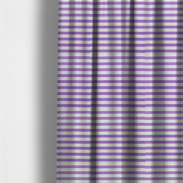 The fabric used to create these made-to-measure curtains is a horizontal purple and white striped fabric pattern.