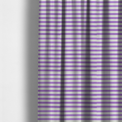 The fabric used to create these made-to-measure curtains is a horizontal purple and white striped fabric pattern.