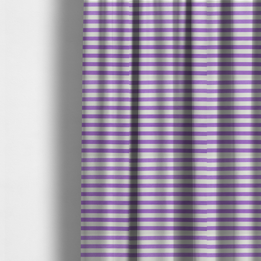 The fabric used to create these made-to-measure curtains is a horizontal purple and white striped fabric pattern.