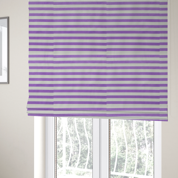 The fabric used to create these Roman blinds is a horizontal purple and white striped fabric pattern.
