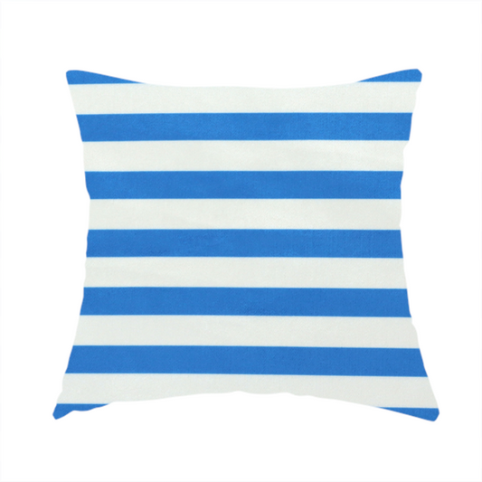 The fabric used to create this handmade cushion is a horizontal blue and white striped fabric pattern.