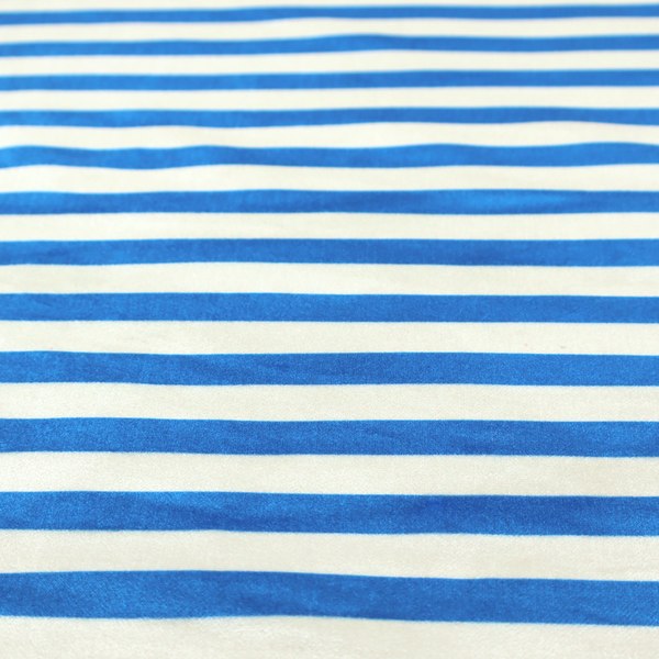 Horizontal blue and white striped fabric pattern.