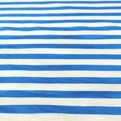 Horizontal blue and white striped fabric pattern.