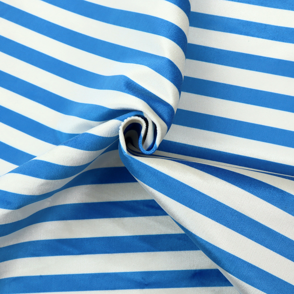 Horizontal blue and white striped fabric pattern.