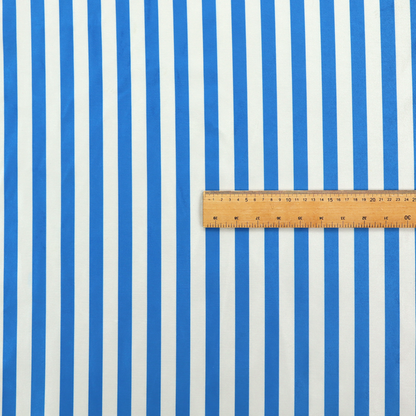 Horizontal blue and white striped fabric pattern.