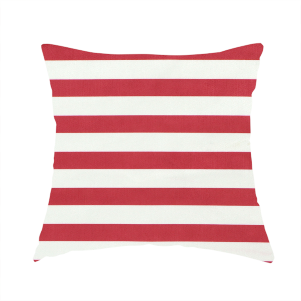 The fabric used to create this handmade cushion is a horizontal red and white striped fabric pattern.