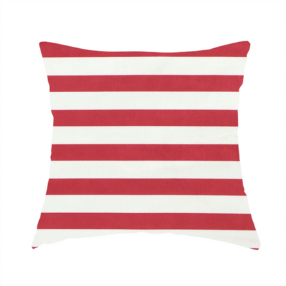 The fabric used to create this handmade cushion is a horizontal red and white striped fabric pattern.