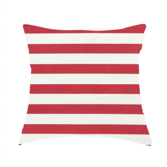 The fabric used to create this handmade cushion is a horizontal red and white striped fabric pattern.