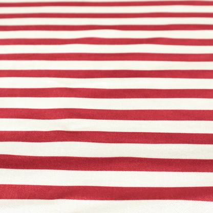 Horizontal red and white striped fabric pattern.