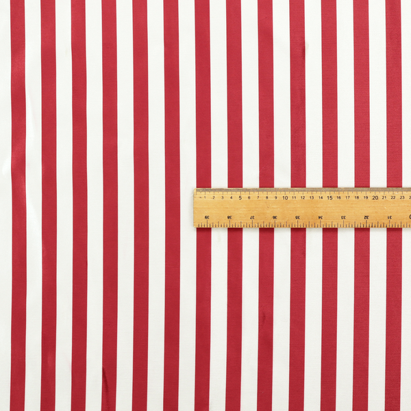 Horizontal red and white striped fabric pattern.