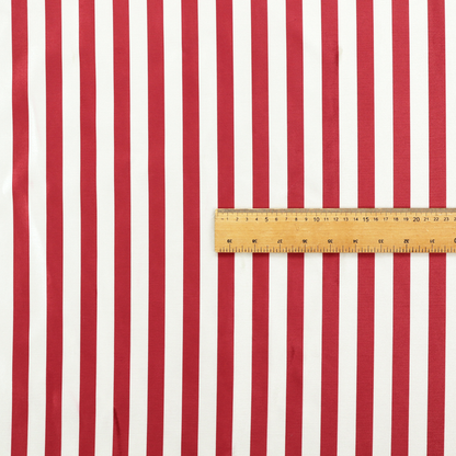 Horizontal red and white striped fabric pattern.
