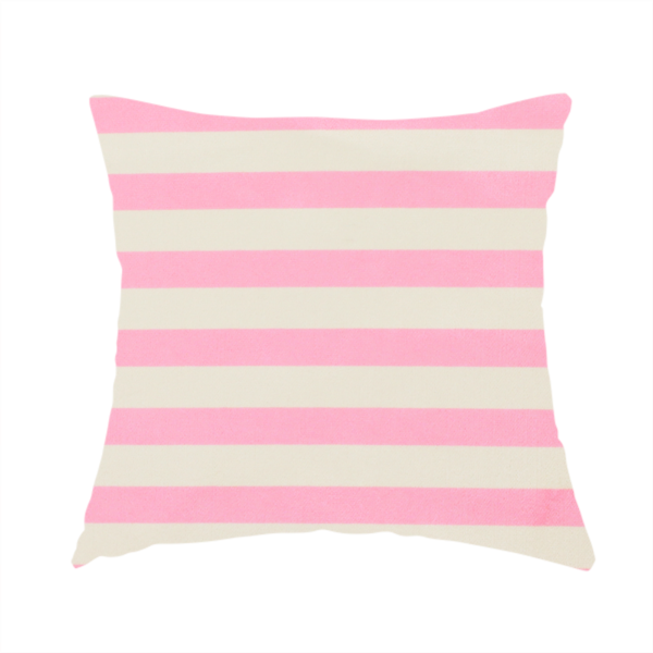 The fabric used to create this handmade cushion is a horizontal pink and white striped fabric pattern.
