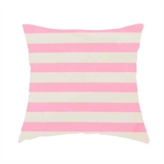 The fabric used to create this handmade cushion is a horizontal pink and white striped fabric pattern.