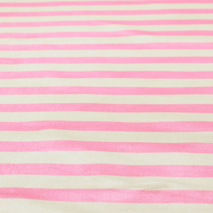 Horizontal pink and white striped fabric pattern.