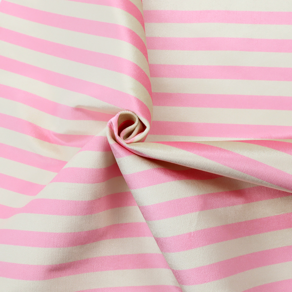 Horizontal pink and white striped fabric pattern.