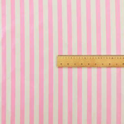 Horizontal pink and white striped fabric pattern.