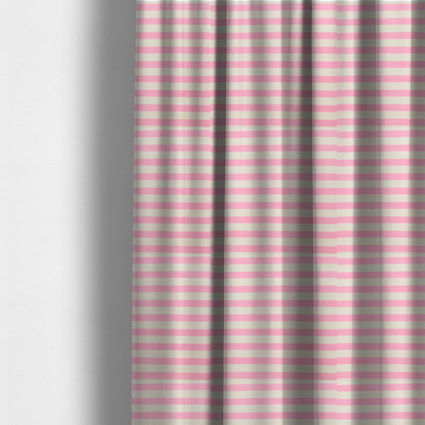 The fabric used to create these made-to-measure curtains is a horizontal pink and white striped fabric pattern.