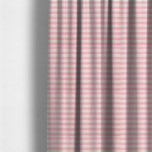 The fabric used to create these made-to-measure curtains is a horizontal pink and white striped fabric pattern.