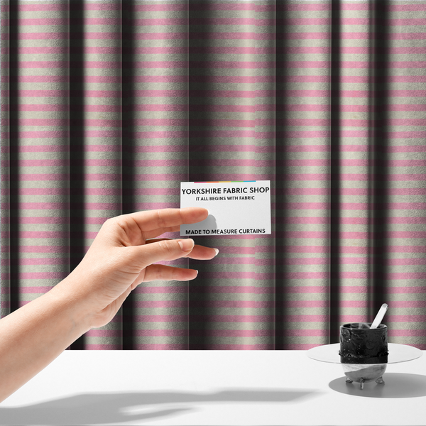 The fabric used to create these made-to-measure curtains is a horizontal pink and white striped fabric pattern.