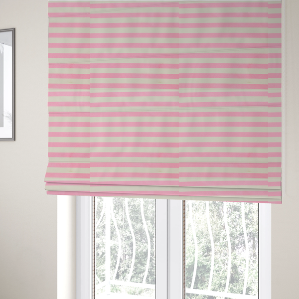 The fabric used to create these Roman blinds is a horizontal pink and white striped fabric pattern.