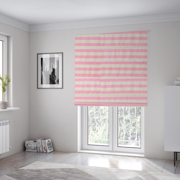 The fabric used to create these Roman blinds is a horizontal pink and white striped fabric pattern.