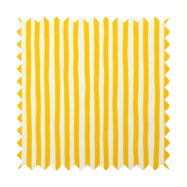 A white fabric patterned with vertical, hand-drawn yellow stripes that feature a slight, organic waviness.   
