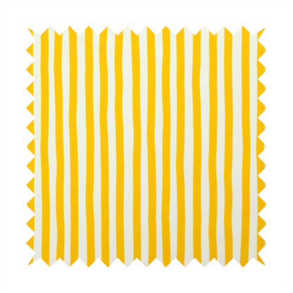 A white fabric patterned with vertical, hand-drawn yellow stripes that feature a slight, organic waviness.   
