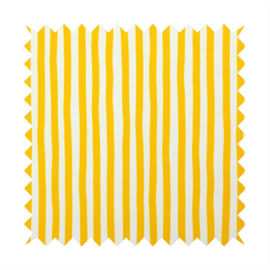 A white fabric patterned with vertical, hand-drawn yellow stripes that feature a slight, organic waviness.   
