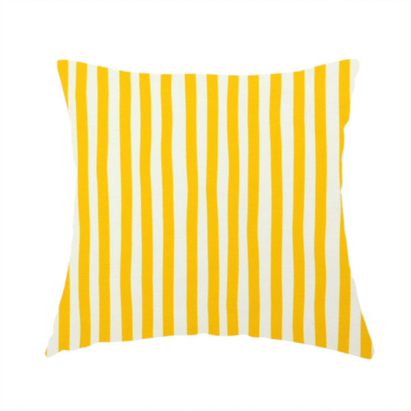 the fabric used to create this handmade cushion is a white fabric patterned with vertical, hand-drawn yellow stripes that feature a slight, organic waviness.   
