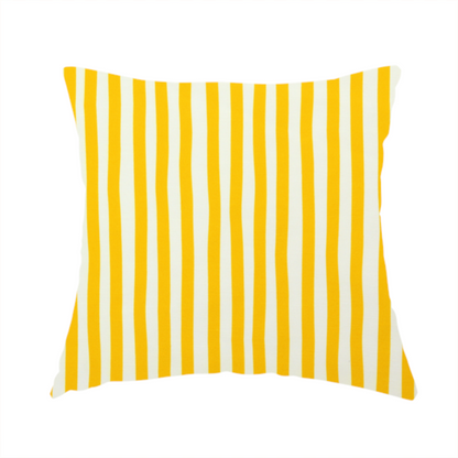 the fabric used to create this handmade cushion is a white fabric patterned with vertical, hand-drawn yellow stripes that feature a slight, organic waviness.   

