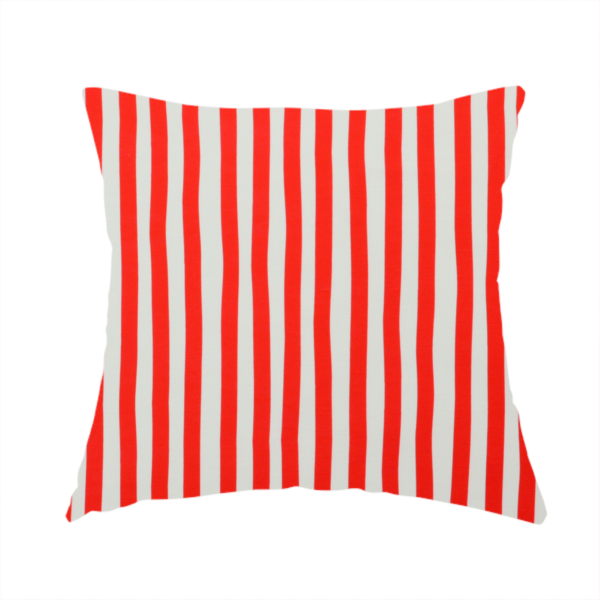 The fabric used to create this handmade cushion is a white fabric patterned with vertical, hand-drawn red stripes that feature a slight, organic waviness.