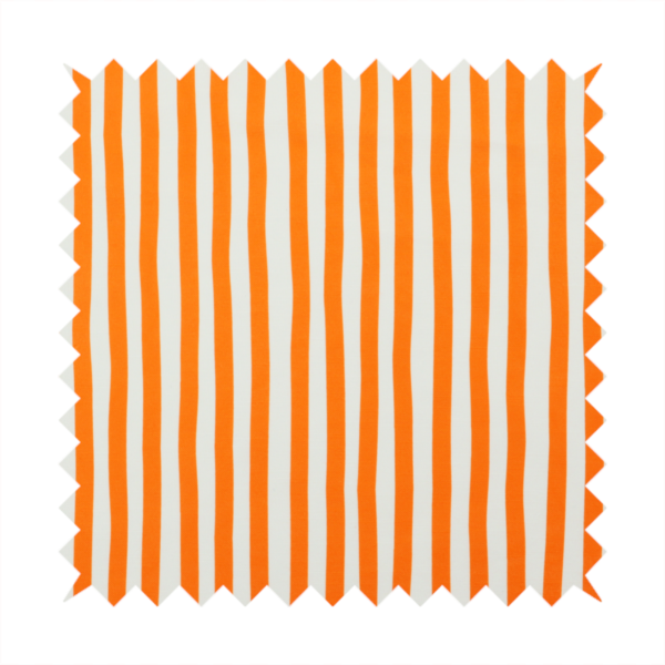 A white fabric patterned with vertical, hand-drawn orange stripes that feature a slight, organic waviness.