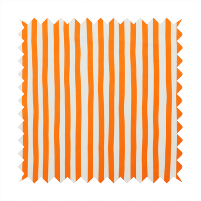 A white fabric patterned with vertical, hand-drawn orange stripes that feature a slight, organic waviness.