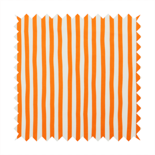 A white fabric patterned with vertical, hand-drawn orange stripes that feature a slight, organic waviness.