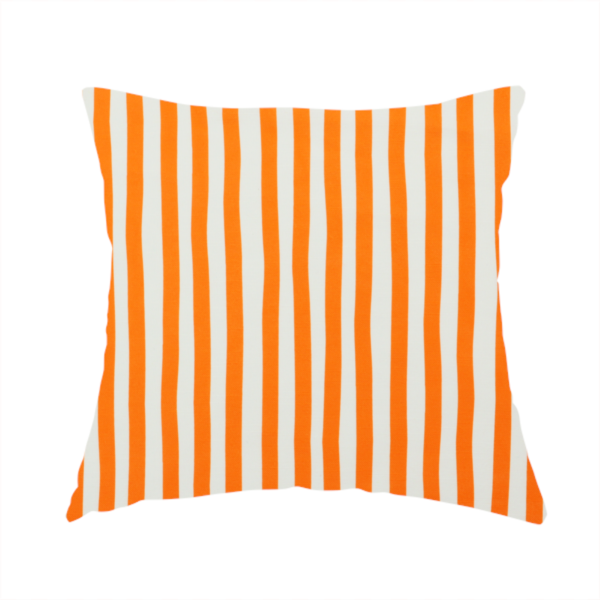 The fabric used to create this handmade cushion is a white fabric patterned with vertical, hand-drawn orange stripes that feature a slight, organic waviness.