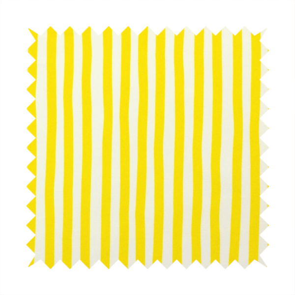 A white fabric patterned with vertical, hand-drawn yellow stripes that feature a slight, organic waviness.