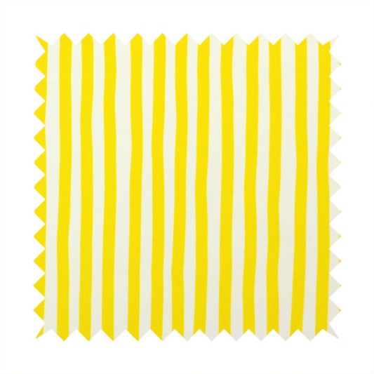 A white fabric patterned with vertical, hand-drawn yellow stripes that feature a slight, organic waviness.