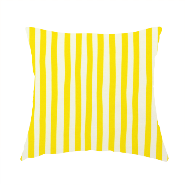 The fabric used to create this handmade cushion is a white fabric patterned with vertical, hand-drawn yellow stripes that feature a slight, organic waviness.