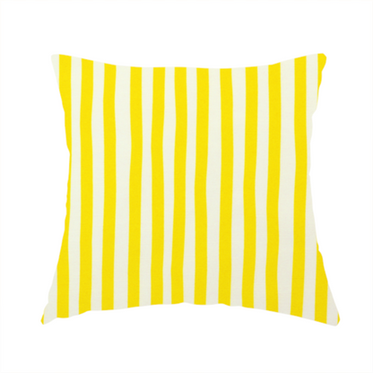 The fabric used to create this handmade cushion is a white fabric patterned with vertical, hand-drawn yellow stripes that feature a slight, organic waviness.