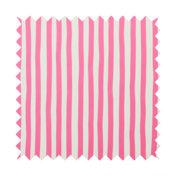A white fabric patterned with vertical, hand-drawn pink stripes that feature a slight, organic waviness.