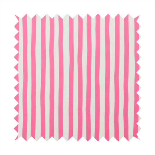 A white fabric patterned with vertical, hand-drawn pink stripes that feature a slight, organic waviness.