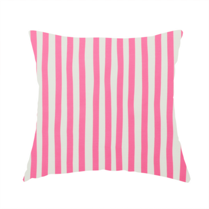 The fabric used to create this handmade cushion is a white fabric patterned with vertical, hand-drawn pink stripes that feature a slight, organic waviness.